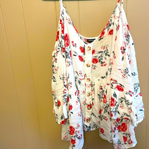 Torrid Ivory Floral Gauze Button Cold Shoulder Bell Sleeve Top - Picture 2 of 9